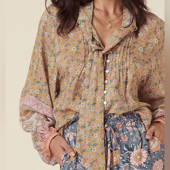 New Spell x Free People Mossy XL Brown Pink Buttonfront Tie-Neck Boho Blouse - Picture 3 of 15